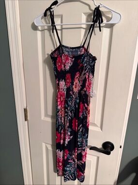 Navy Floral Tie-Shoulder Mini Dress with Pink & Teal Blooms